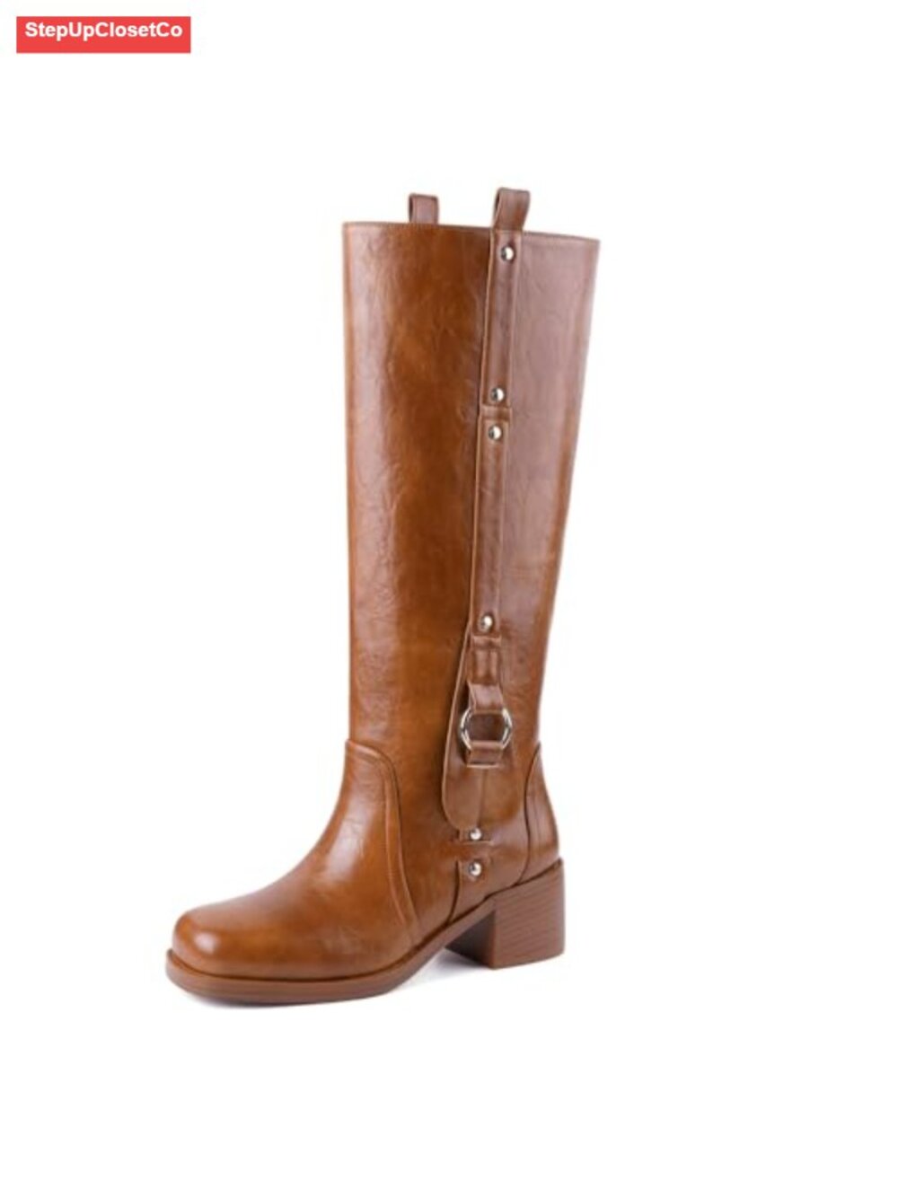 CORNMOOD Women's Square Toe Chunky Block Heel Knee-High Boots